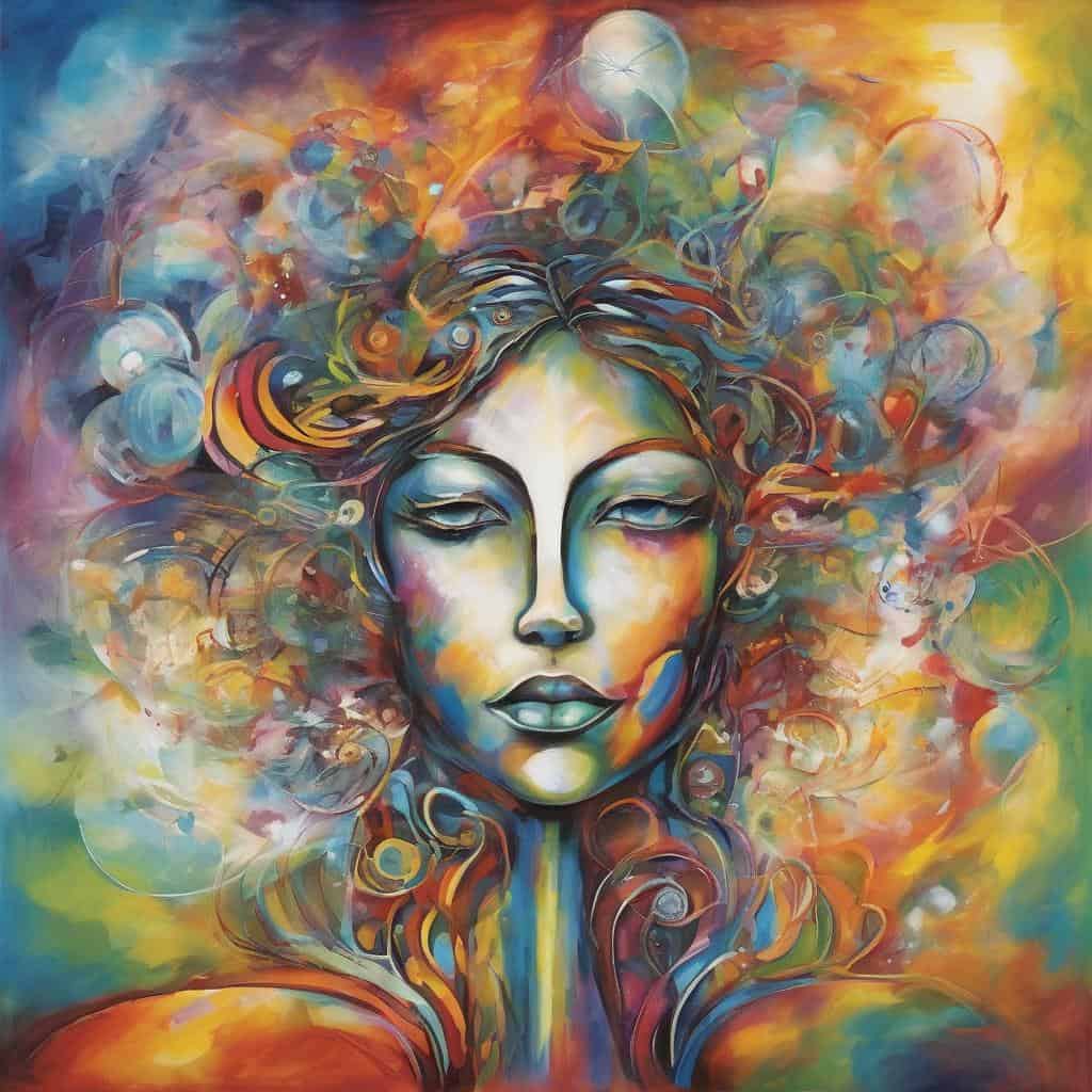 Αρμονία ψυχής και ευγνωμοσύνη, τέχνη και αυτογνωσία, πολύχρωμο πορτρέτο γυναικείου προσώπου, ζωγραφική σε αφίσα, σύγχρονη τέχνη, ανάπτυξη πνεύματος.