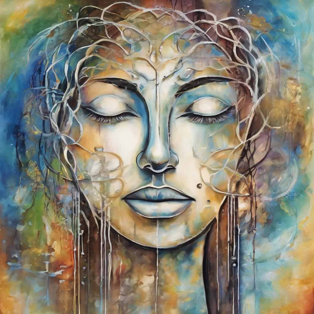 Ομορφιά και εσωτερική ηρεμία σε αφηρημένο πορτρέτο γυναικείας μορφής με πολύχρωμα εφέ και λευκές γραμμές.