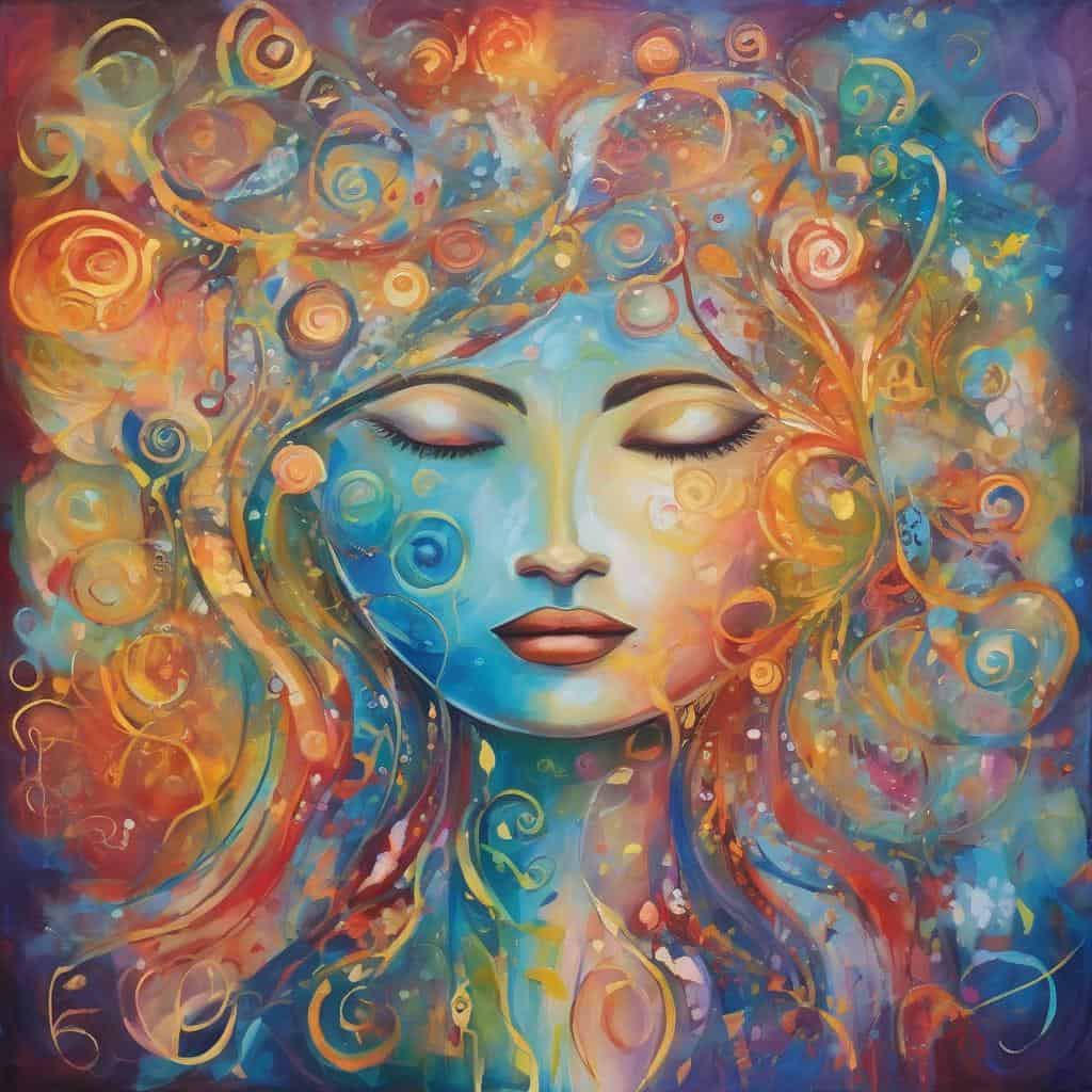 Απόλυτη ευγνωμοσύνη και θετική ενέργεια σε μια πολύχρωμη αφηρημένη ζωγραφιά γυναίκας.